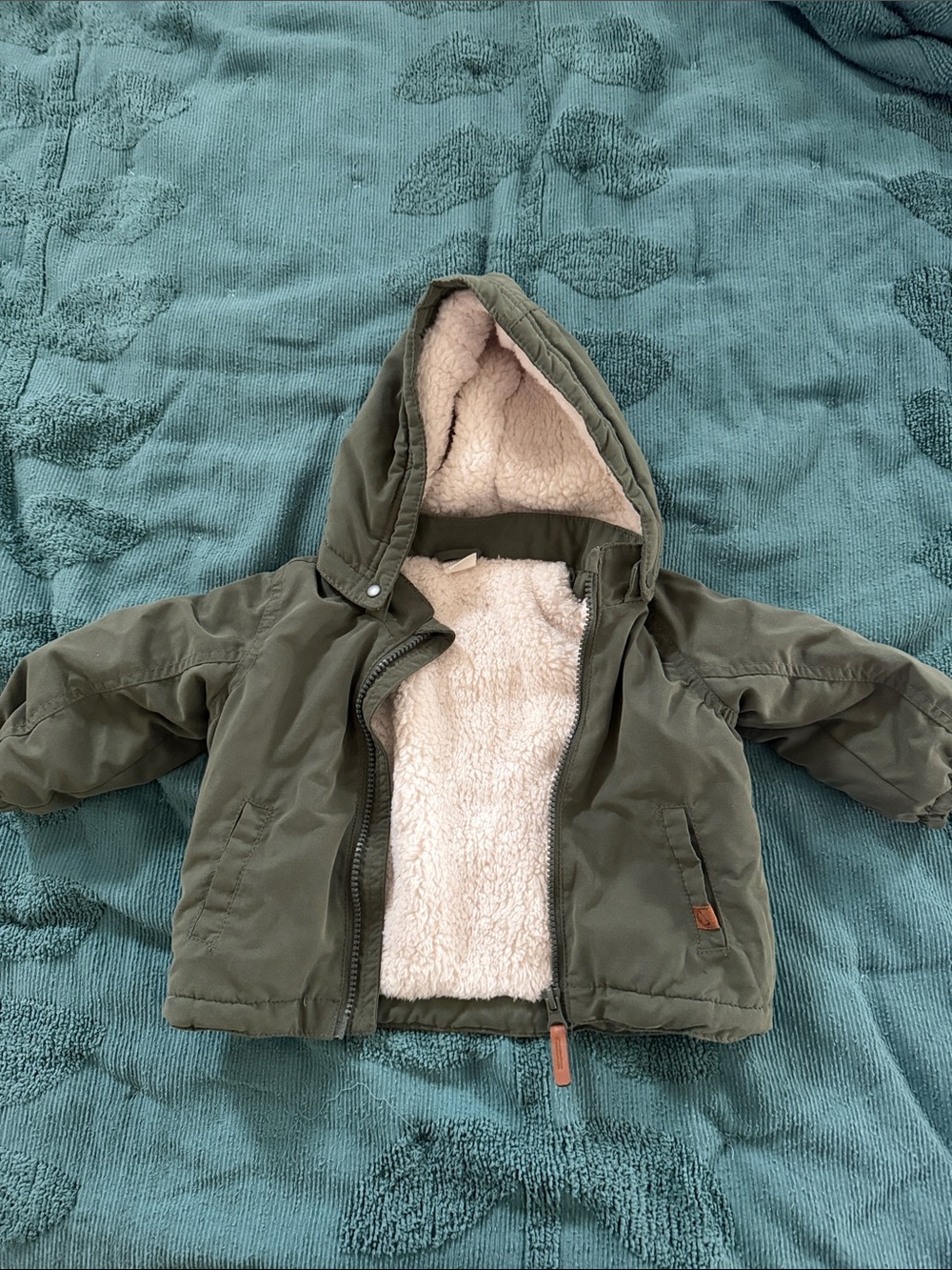 H&M Kids Olive Green Hooded Puffer Jacket with Sherpa Lining